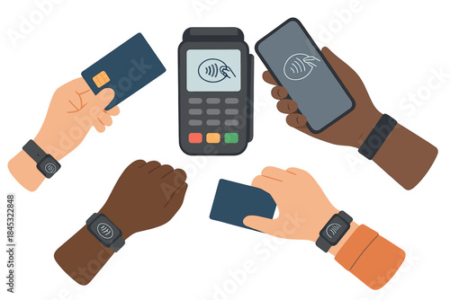 Diverse hands making secure contactless payments using cards, smartphone, and wristbands at a POS terminal