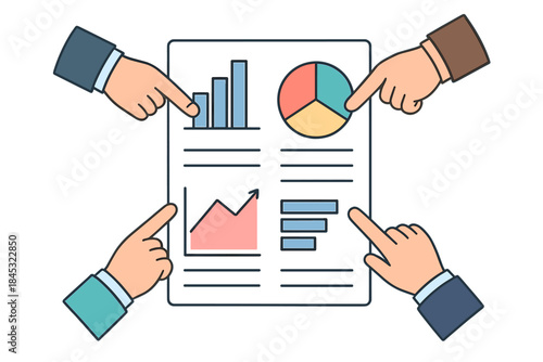 Hands pointing at business report document with various financial charts and data analysis graphs