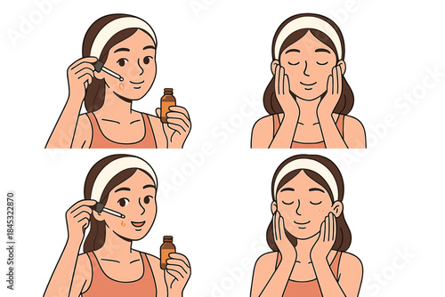 Woman applying serum drops and massaging face in step-by-step beauty routine
