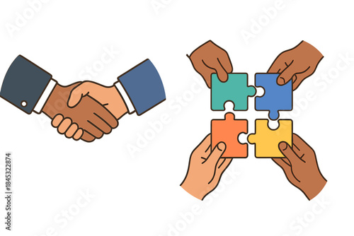 Diverse hands shaking and assembling colorful puzzle pieces symbolizing business partnership and collaboration