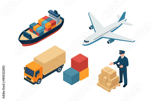 Isometric global logistics concept with cargo ship, airplane, delivery truck, containers, and customs officer