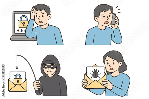 Digital security threats including phishing, hacking, and malware attacks