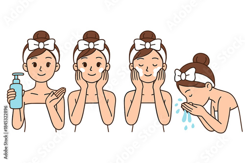 Woman demonstrating four steps of a daily facial skincare routine applying cleanser, massaging, and rinsing