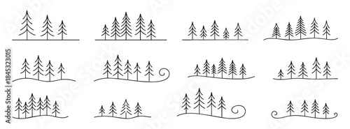 Set of hand drawn pine tree silhouettes in minimal line art style, forest landscape elements isolated on white background. Concept of nature, woodland scenery, Christmas decor, design collection
