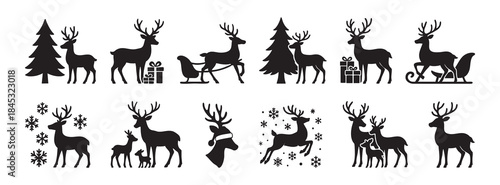 Black silhouettes of reindeer and christmas elements on white background. concept of holiday, winter, festive decor, silhouette art, seasonal design, icon, decoration element