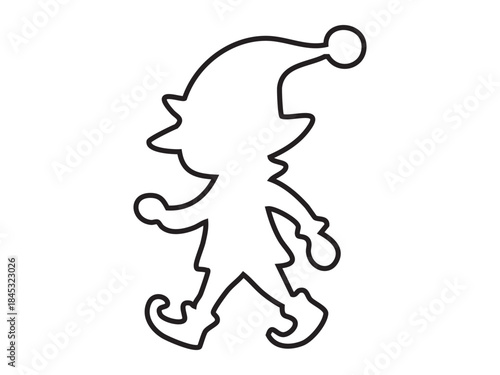 Black outline of playful christmas elf with pointy hat, isolated on white background. concept of holiday spirit, festive decor, santa's helper, mythical character, seasonal art