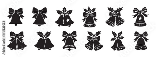 SET - Black silhouette of holiday bells with bows and holly leaves, isolated on white background. concept of festive decor, christmas symbols, seasonal celebration, icon, design element