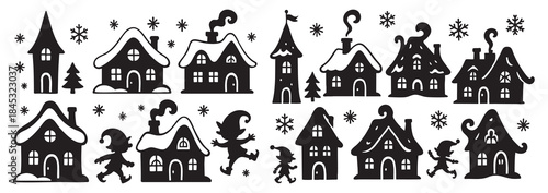 Black silhouettes of christmas village with snow-covered houses and playful winter children, isolated on white background. concept of holiday decor, festive illustration, winter scene.