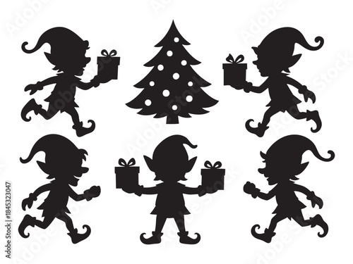 SET - Black silhouettes of christmas elves with gifts and christmas tree isolated on white background. concept of holiday, festive decor, santa's helpers, celebration, winter, design.