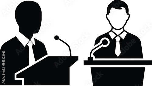 Two men engaged in debate at podium