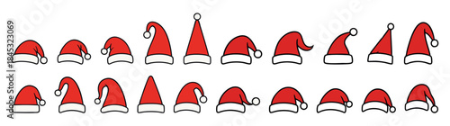 Variety of red santa hats illustration on white background. concept of christmas decor, holiday festivity, winter celebration, santa icon, festive wardrobe, seasonal design element