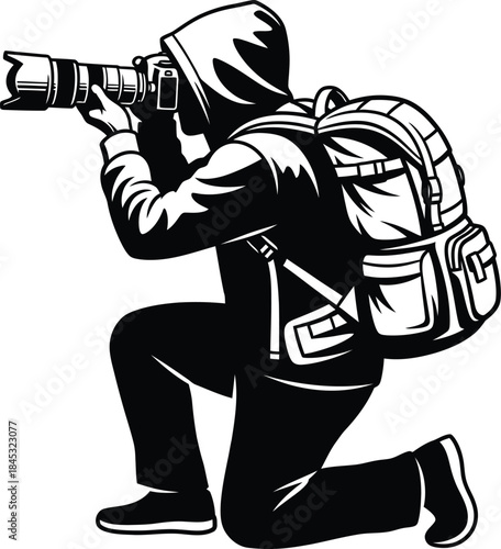 Photographer kneeling with camera and backpack