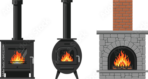 Cartoon-style heating appliances with visible fire, including modern stoves and traditional fireplace, ideal for cozy interior illustrations.