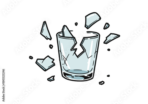 Cracked glass tumbler with shards scattered on white background  