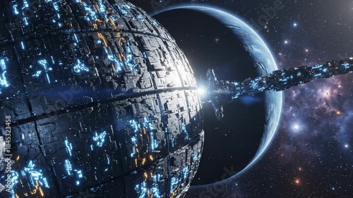 Spaceship Docking at Station Orbiting Blue Planet in Outer Space