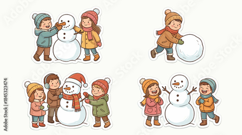 Children building and playing with snowman in winter snow scene  