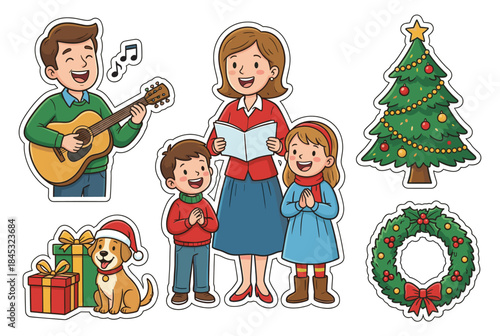 Family singing Christmas carols with gifts and tree decorations  