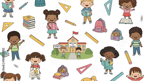 Back to School seamless pattern Joyful diverse children, school, and learning supplies for educational and classroom themes