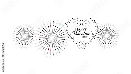 Red and gold fireworks form a subtle heart shape on white background with happy valentine's day message