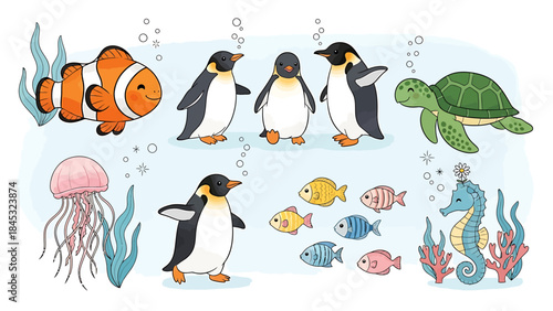 Vibrant and cheerful underwater marine life illustration featuring adorable penguins, a playful clownfish, a serene sea turtle, and charming aquatic creatures in a whimsical style
