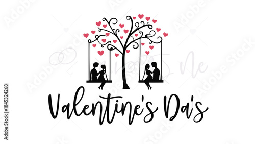 Romantic couple silhouette sitting on a swing under heart tree valentine's day