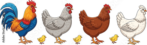 Cartoon-style rooster, hens, and chicks in colorful plumage, perfect for farm-themed illustrations, children’s books, and educational designs.