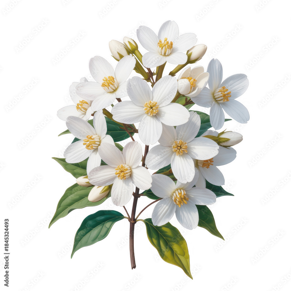 Obraz premium White dogwood flowers with green leaves isolated on a transparent background 1