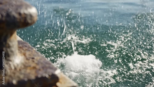 Water Splashes at Rusty Mooring Bollard in Marina on a Sunny Day