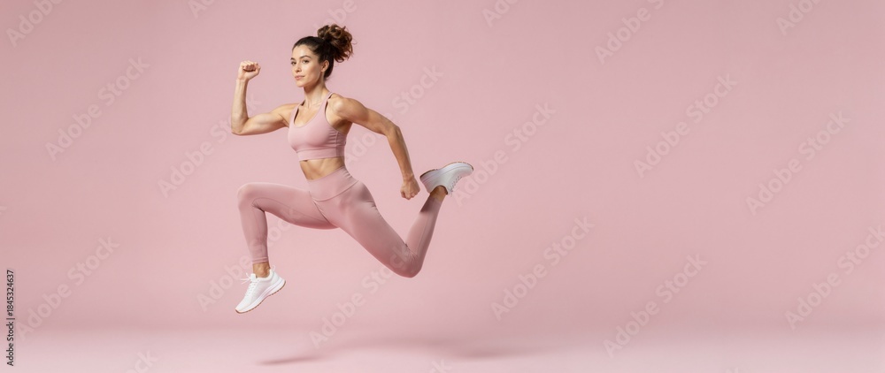 Fototapeta premium Dynamic Fitness Woman Jumping in Studio - Athletic Female in Pink Activewear, Full Body Shot