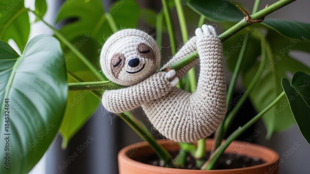 Obraz premium Crochet sloth hanging on houseplant stem