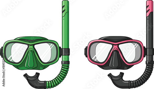 Cartoon-style snorkeling masks and snorkels in colorful designs, perfect for water sports, travel gear, and summer-themed illustrations.
