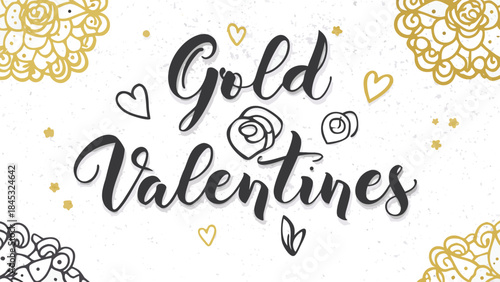 Romantic gold brush calligraphy with a single black heart on white background with floral designs and stars