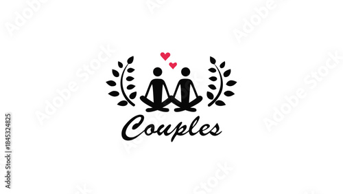 Couple sitting cross legged under tin silhouette with hearts above them in leafy design