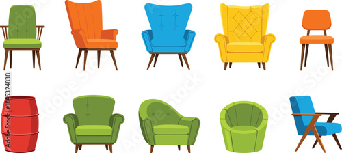 Collection of colorful modern and vintage chairs with diverse styles, textures, and materials for interior design and furniture inspiration