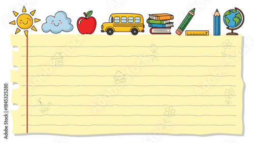 Creative illustration of a blank lined notepad banner decorated with essential school supplies for a fun back to school, learning, or education theme, providing copy space for text