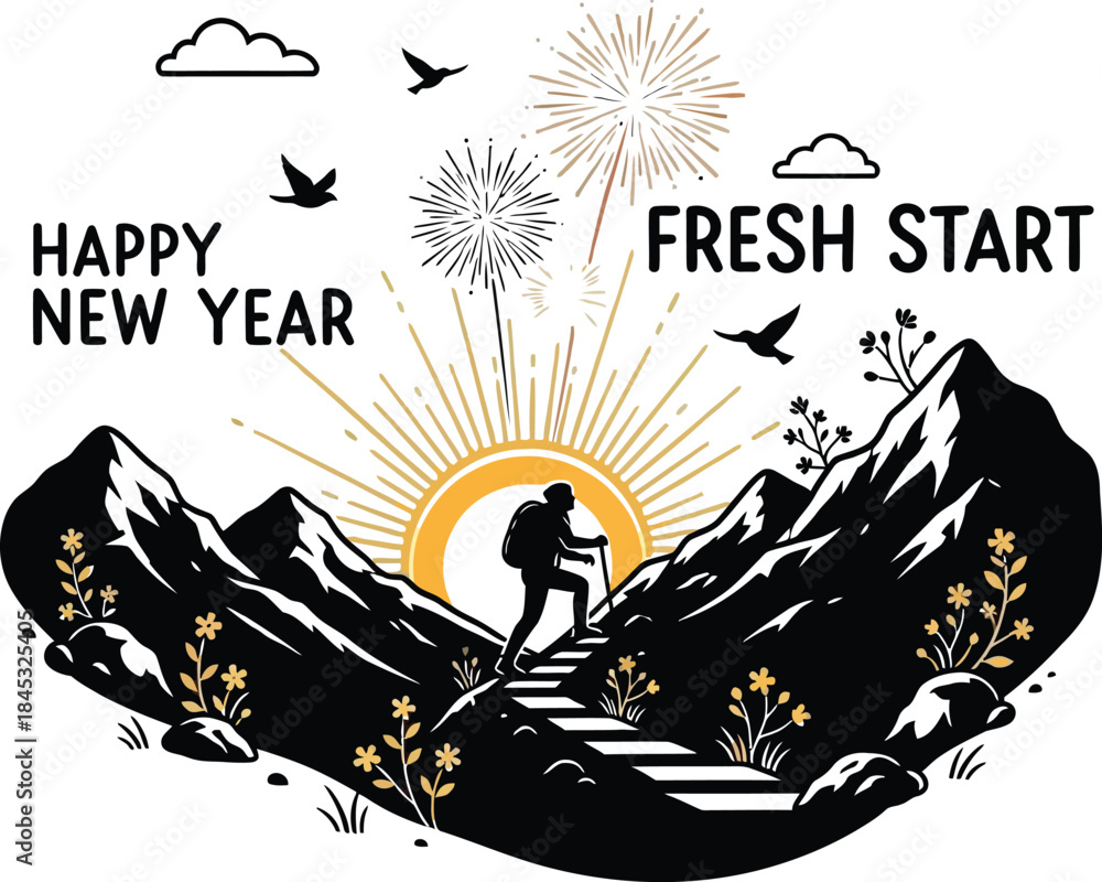 Fototapeta premium Hiker ascending mountain at sunrise with fireworks and Happy New Year message