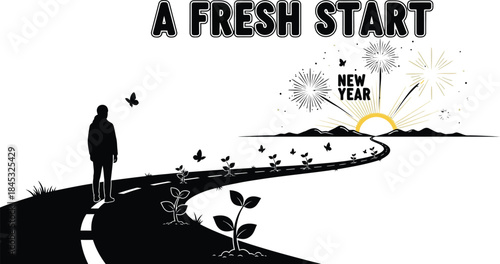 Person standing on road with new beginnings and fireworks