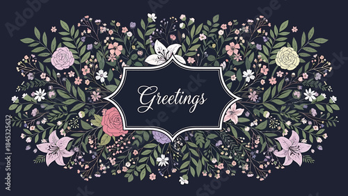 Beautifully detailed floral border illustration with 'Greetings' text in a decorative frame, ideal for elegant cards and festive designs