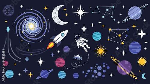 Cosmic Universe Exploration Planets, Rockets, Astronauts, Galaxies, and Stars in a Stylized, Colorful Illustration