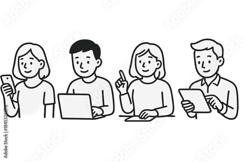 Diverse group of colleagues working together and communicating using modern digital devices