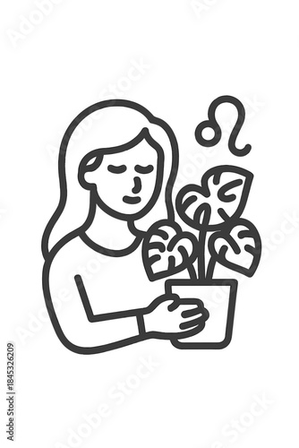 Minimalist woman holding a tropical houseplant next to the astrological symbol for Leo