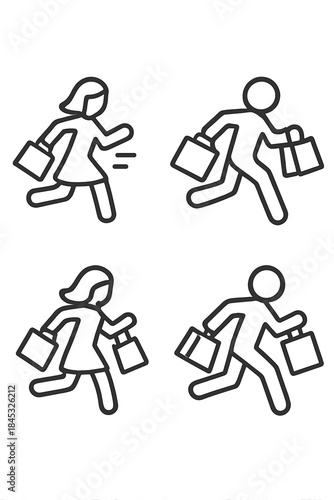 People running quickly carrying multiple shopping bags symbolizing urgent retail purchases