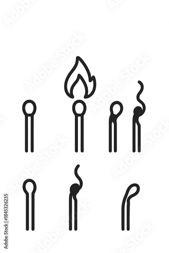 Set of matchstick icons illustrating the stages of fire ignition and extinguishing process