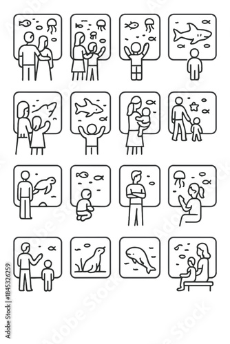 Visitors observing various sea creatures through glass tanks at the public aquarium