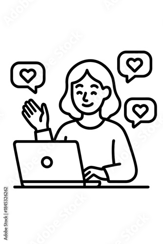 Smiling woman receiving positive feedback and likes while working on a laptop computer online