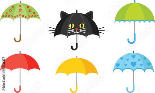 Colorful cartoon-style umbrellas with playful designs including cat face, hearts, flowers, and scalloped trim on white background for kids
