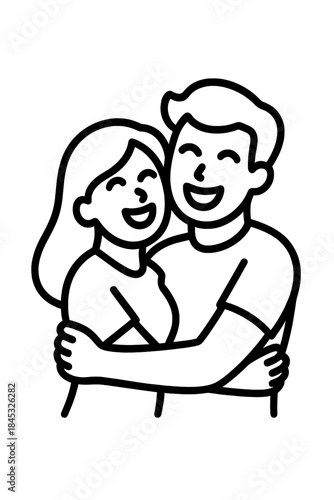 Cheerful young adult couple hugging tightly expressing joy and affection