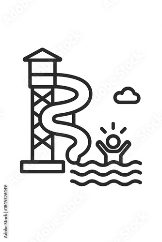 Amusement water park slide structure with person splashing in the swimming pool