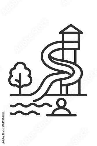 Water park slide structure winding down into a pool with a person swimming below