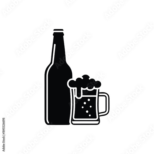 Simple black and white illustration of a beer bottle and full mug